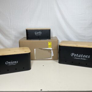 Simcat Kitchen Vegetable Storage Tins Set of 3, Potato Onion Garlic Kitchen Storage Canisters, Vegetable bin Keeper Containers with Aerating Holes and Wooden Lid (Black)