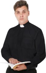 Clergy Shirt Men Long Sleeve Priest Clerical Shirt with Tab Collar – Black