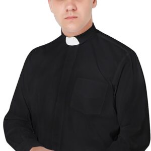 Clergy Shirt Men Long Sleeve Priest Clerical Shirt with Tab Collar – Black