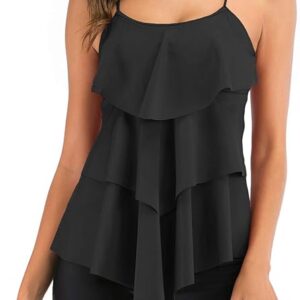 FLYILY Women 2 Piece Tankini Swimsuits Flounce Printed Top with Boyshorts Plus Size Swimwear Bathing Suit, Black, XX-Large