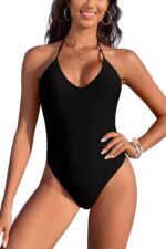 SHEKINI Women‘s One Piece Swimsuit Halter V Neck Push Up Swimming Costume High Cut Bathing Suit Backless Vintage Sexy Thong Monokini Swimwear
