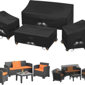 Kovshuiwe 4-Piece Outdoor Veranda Patio Garden Furniture Covers Set, Waterproof Upgraded 420D Heavy Duty Oxford Fabric Rattan Furniture Cover for Chair Sofa(Black)