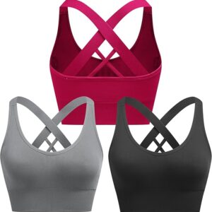 ANGOOL Seamless Removable Padded Sports Bra, Cross Back Yoga Fitness Workout Bra,Black+Gray+Red,M