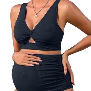 Charmo Women Maternity 2 Piece Bikini Set Ribbed Cutout Pregnancy Bathing Suit with Adjustable Straps Wine Navy XL