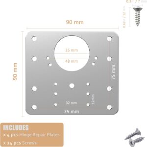 4 Pcs Hinge Repair Plate, Cabinet Hinge Repair Brackets, Kitchen Cupboard Door Hinge Repair Plate Kit with Hole, Stainless Steel Flat Fixing Brace Brackets with Screws