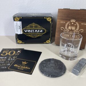 Amosking Birthday Gifts for Men Whiskey Glass Set,Vintage 1975 ,Wood Box & Whiskey Stones & 1975 Poster Anniversary Card & Coaster,Birthday Gifts Ideas for Him,Husband,Dad