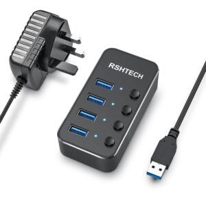 USB 3.0 Hub 4 Port Powered Aluminium Black Individual Switches 5V/2A RSHTECH