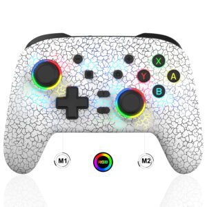 Megadream Wireless Controller for PC PS4 Switch Unique LED Cracked Design, Bluetooth Gamepad Joystick for iPhone/Switch Lite/Wired PC - White