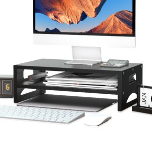 Pholiten Metal Monitor Stand Riser with Storage Shelf – Ergonomic Height, Black