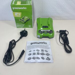 Greenworks 24V Battery Charger. Suitable for all Batteries of the 24V Greenworks Series. Original Greenworks Charger. Wall Mounted + LED Charge Indicator. Fits all 24V Batteries. 3 Year Warranty. G24C