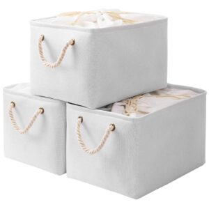 Foldable Storage Baskets White 3 Pack Fabric Bins Drawstring Handles Clothes