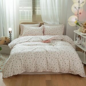 Tabeskly Pink Green Floral Single Duvet Cover White 135×200cm