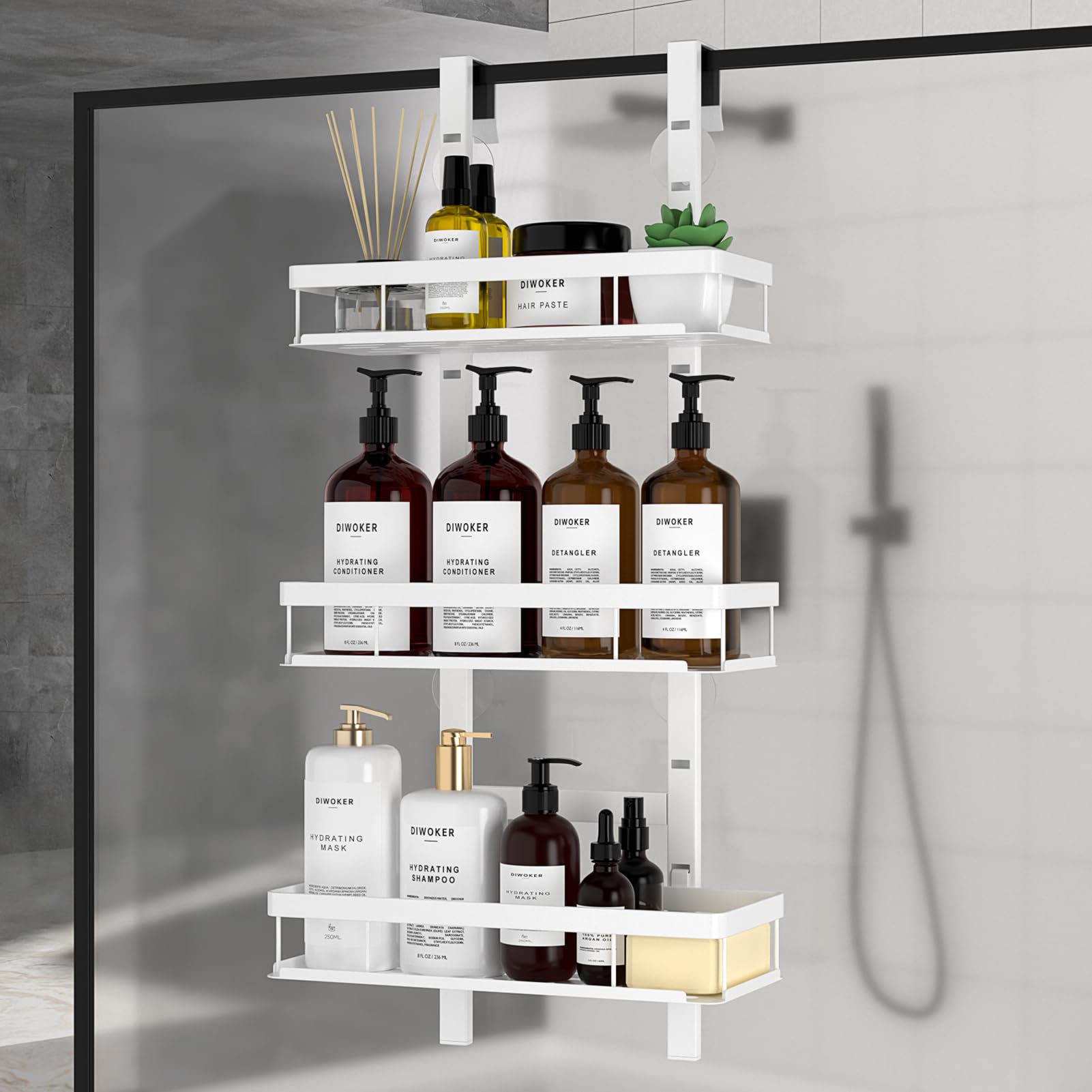 Hanging Shower Shelf 3-Layer Shower Caddy No-Drill Bathroom Organizer with 3 Baskets – White