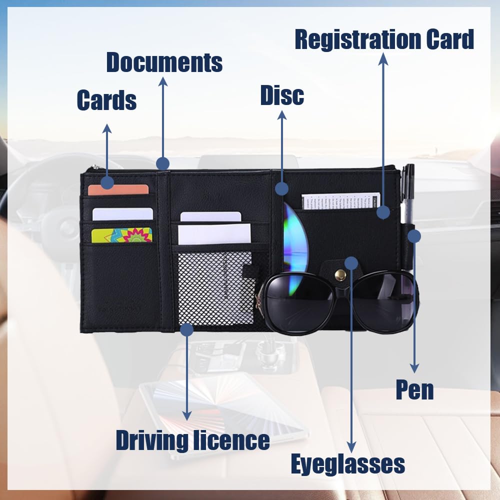 Car Sun Visor Organiser PU Leather Multi-Pocket Storage Pouch Universal - Image 8
