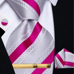 Silk Tie Set Striped Necktie Pocket Square Cufflinks & Tie Clip Silver Pink
