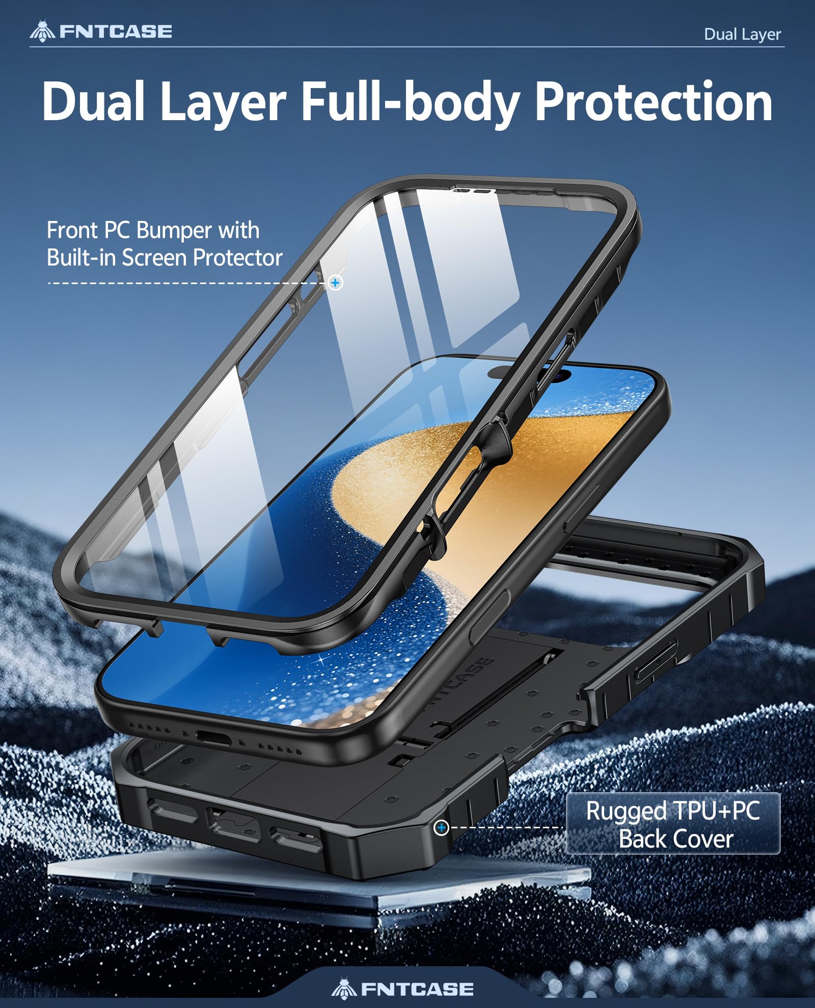 FNTCASE iPhone 17 Pro Case Military Grade Shockproof Kickstand Cover Black - Image 7