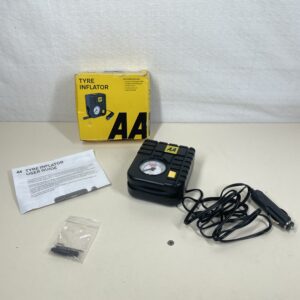 AA Car Essentials 12V Compact Tyre Inflator AA5007 For Cars Vans Motorbikes Vehicles Inflatables Bicycles - PSI BAR KPA 0-80 PSI Includes Adaptors, Black