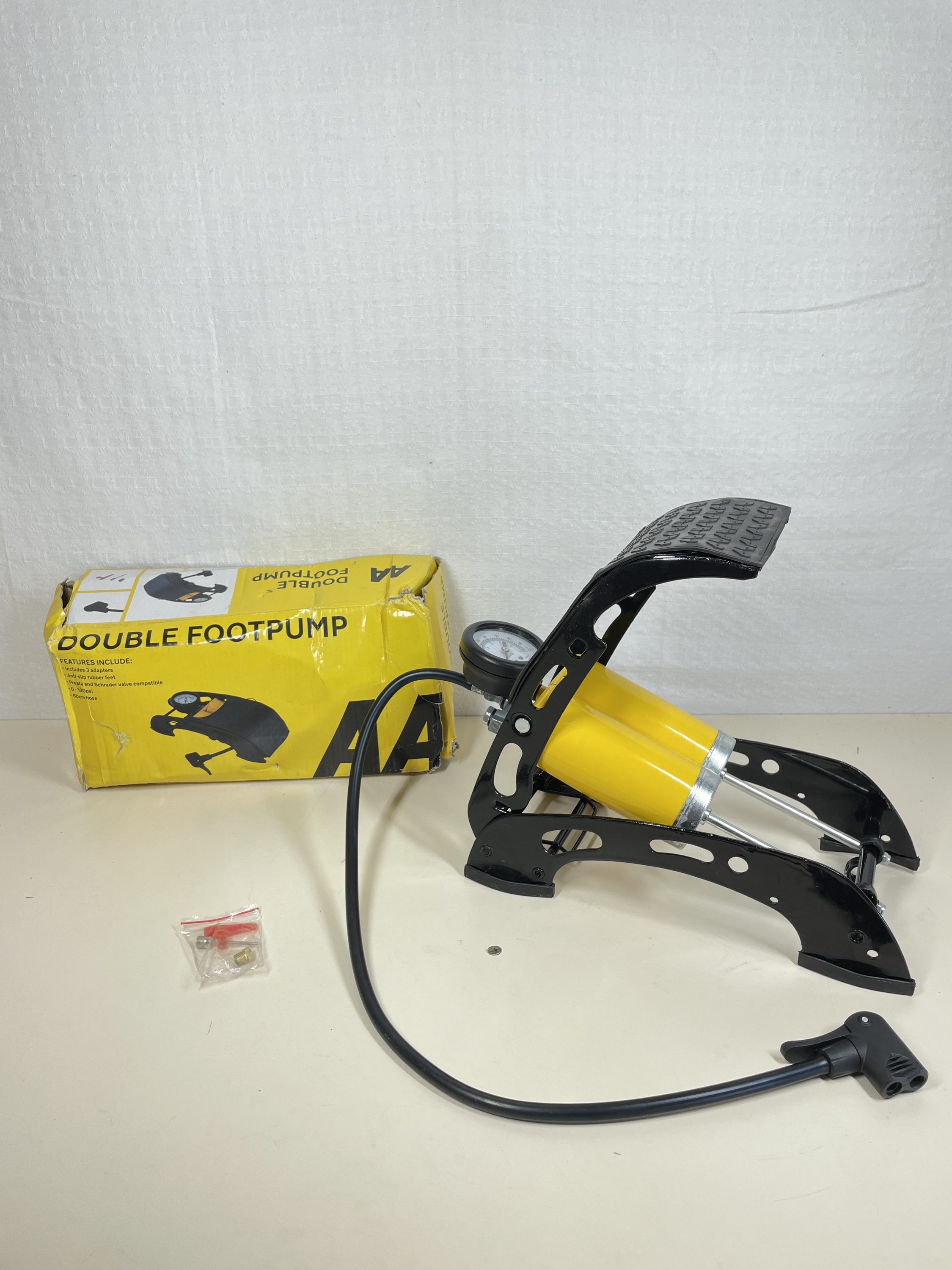 AA Twin Cylinder Foot Pump AA3350 - Tyre Inflator for Cars Motorcycles Bicycles Inflatables - Includes 3 Valve Adaptors