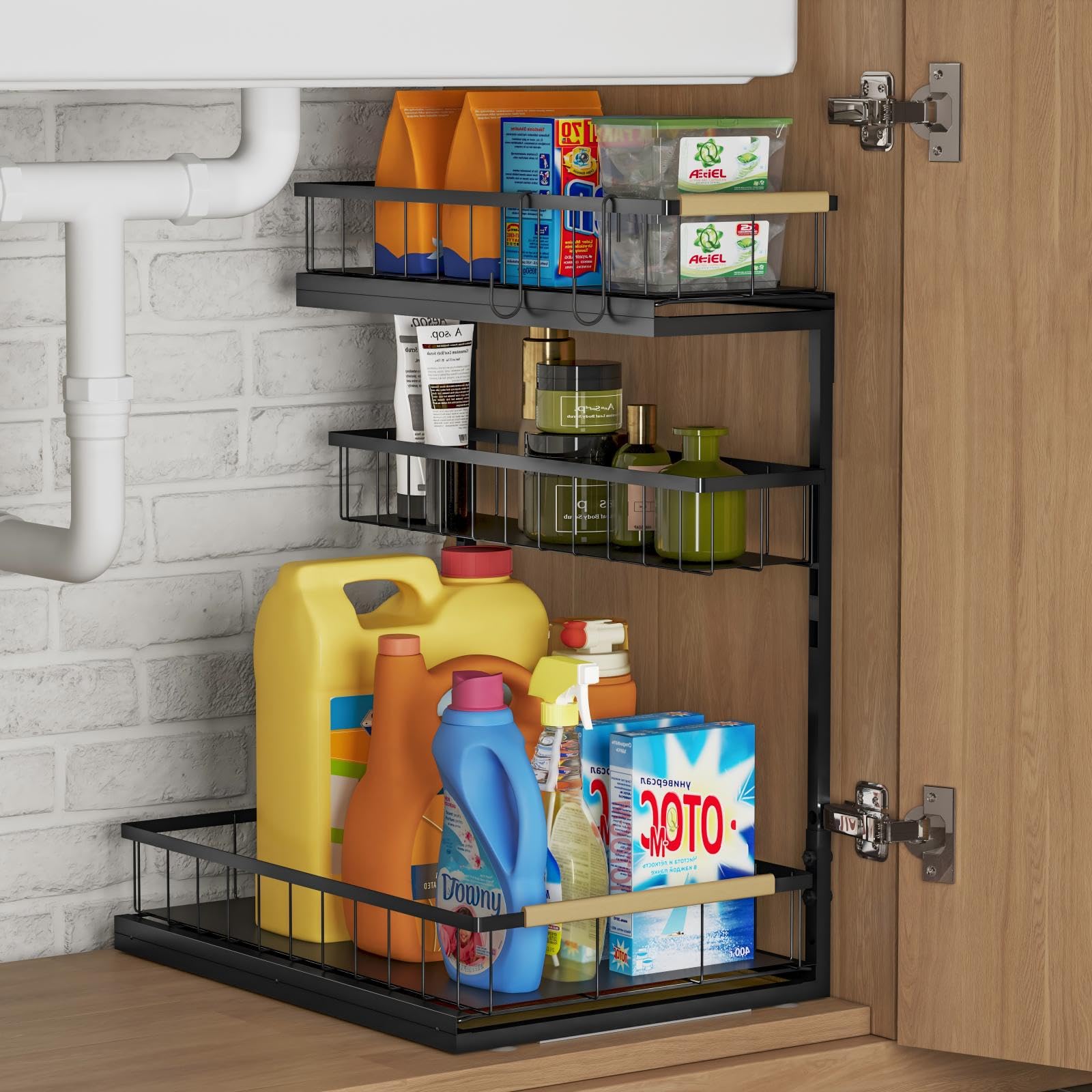 Fantasnight Kitchen Under Sink Storage Organiser - 1 Pack Metal Undersink Organisation for Cupboard - 3 Tier Pull Out Cabinet Drawers Black - Sliding Cleaning Shelf Organizer Solutions for Bathroom