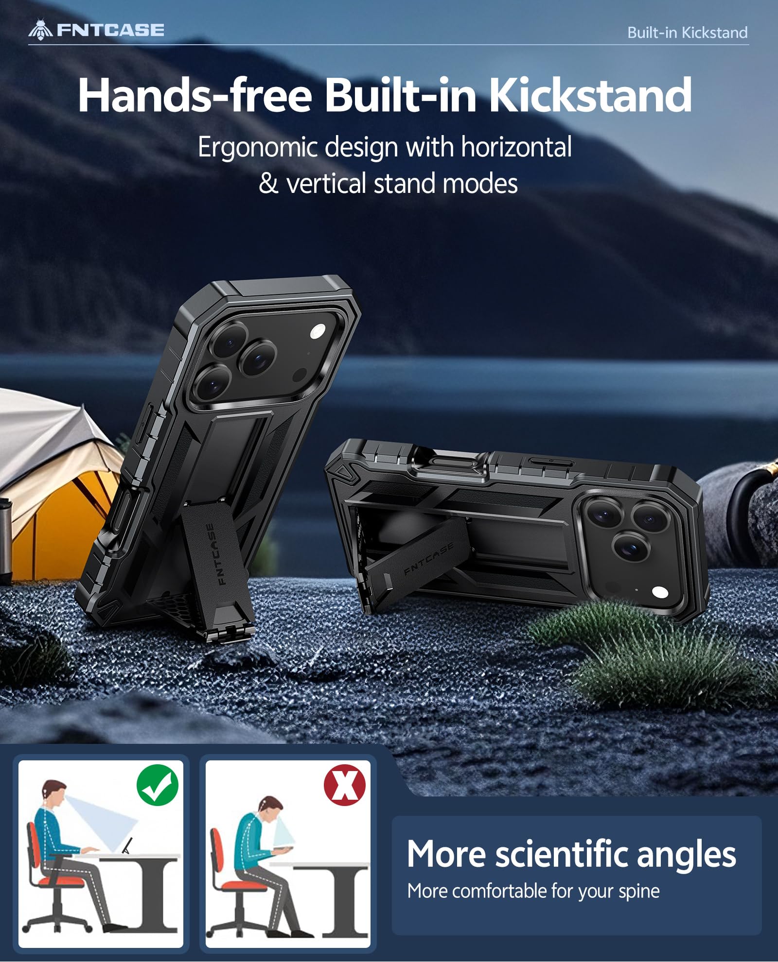 FNTCASE iPhone 17 Pro Case Military Grade Shockproof Kickstand Cover Black - Image 9