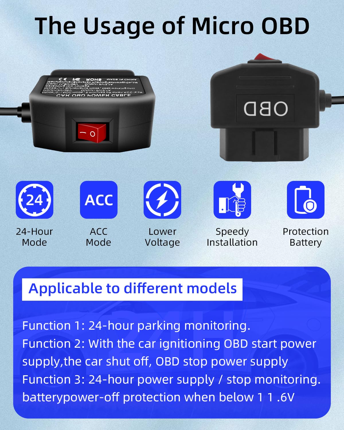 OBD-II Hardwire Power Cable USB Micro Adapter Switch 12-24V to 5V 3.5m 90° - Image 4