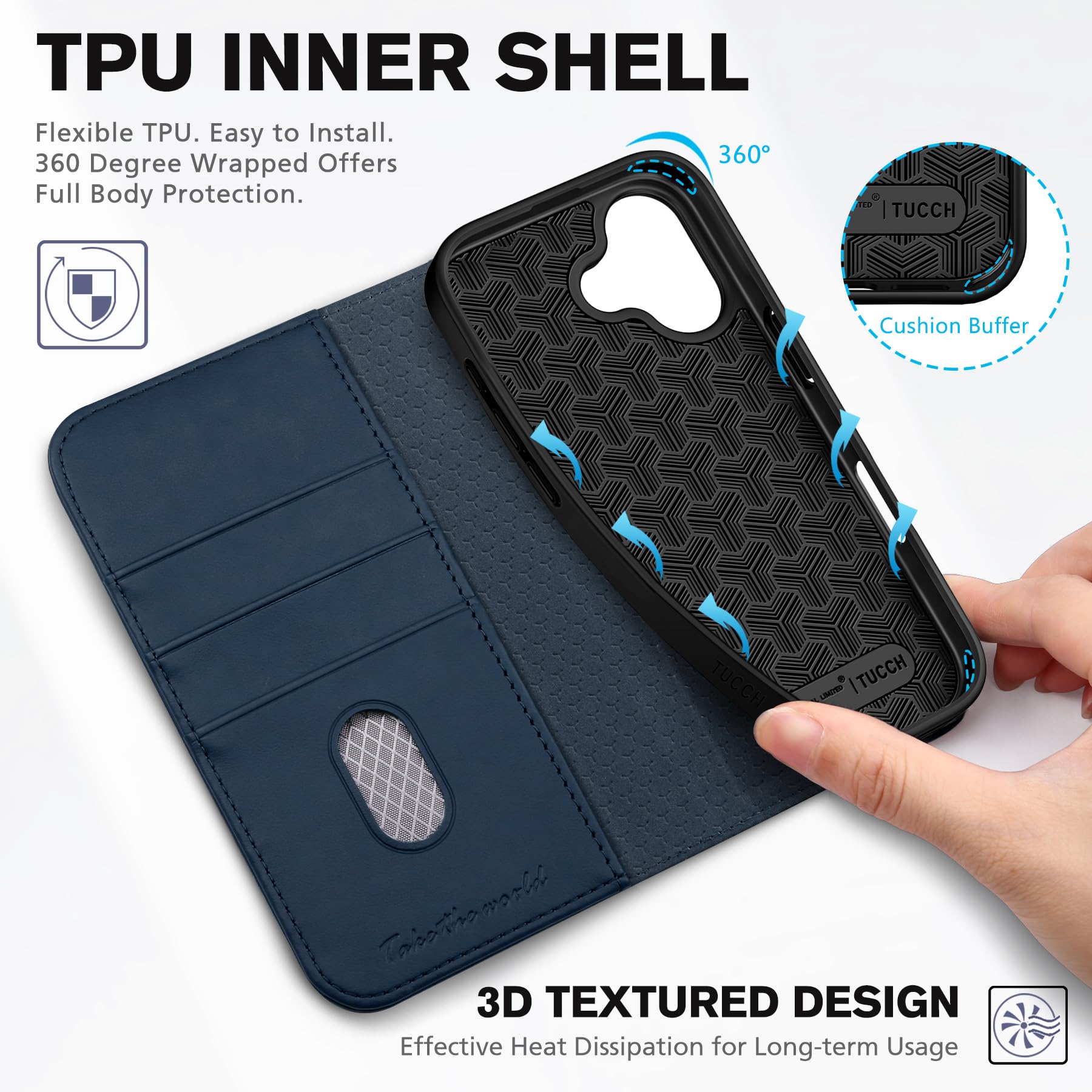 TUCCH iPhone 17 Wallet Case Leather RFID Blocking 3 Card Slots Navy Blue - Image 7
