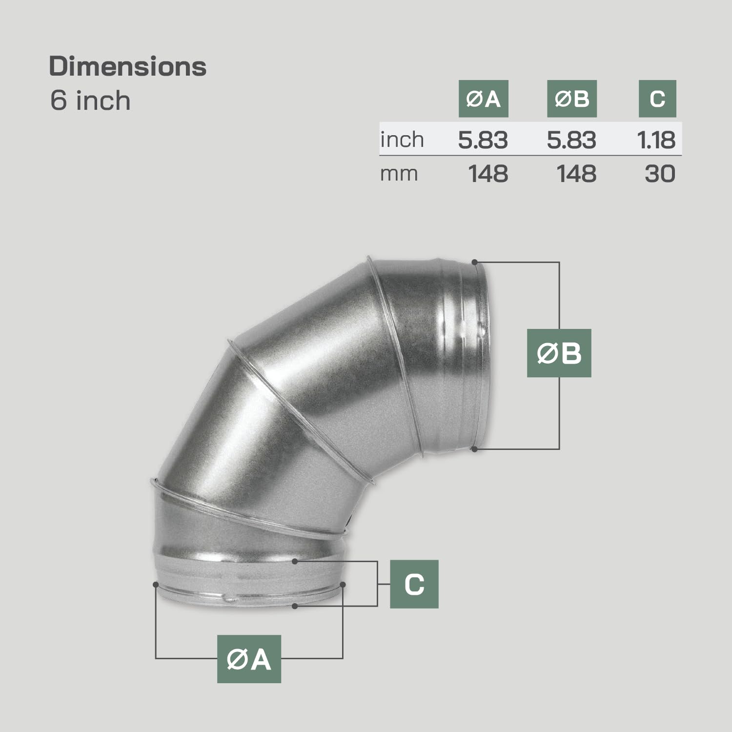 Ø150mm Galvanised Steel Duct Elbow 90° Bend Ventilation Fitting Ducting - Image 2