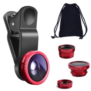 KINGMAS 3 in 1 Universal Fish Eye Lens + Wide-Angle Lens + Macro Clip Camera Lens Kit for iPad iPhone Samsung Android and Most Smartphones, Red