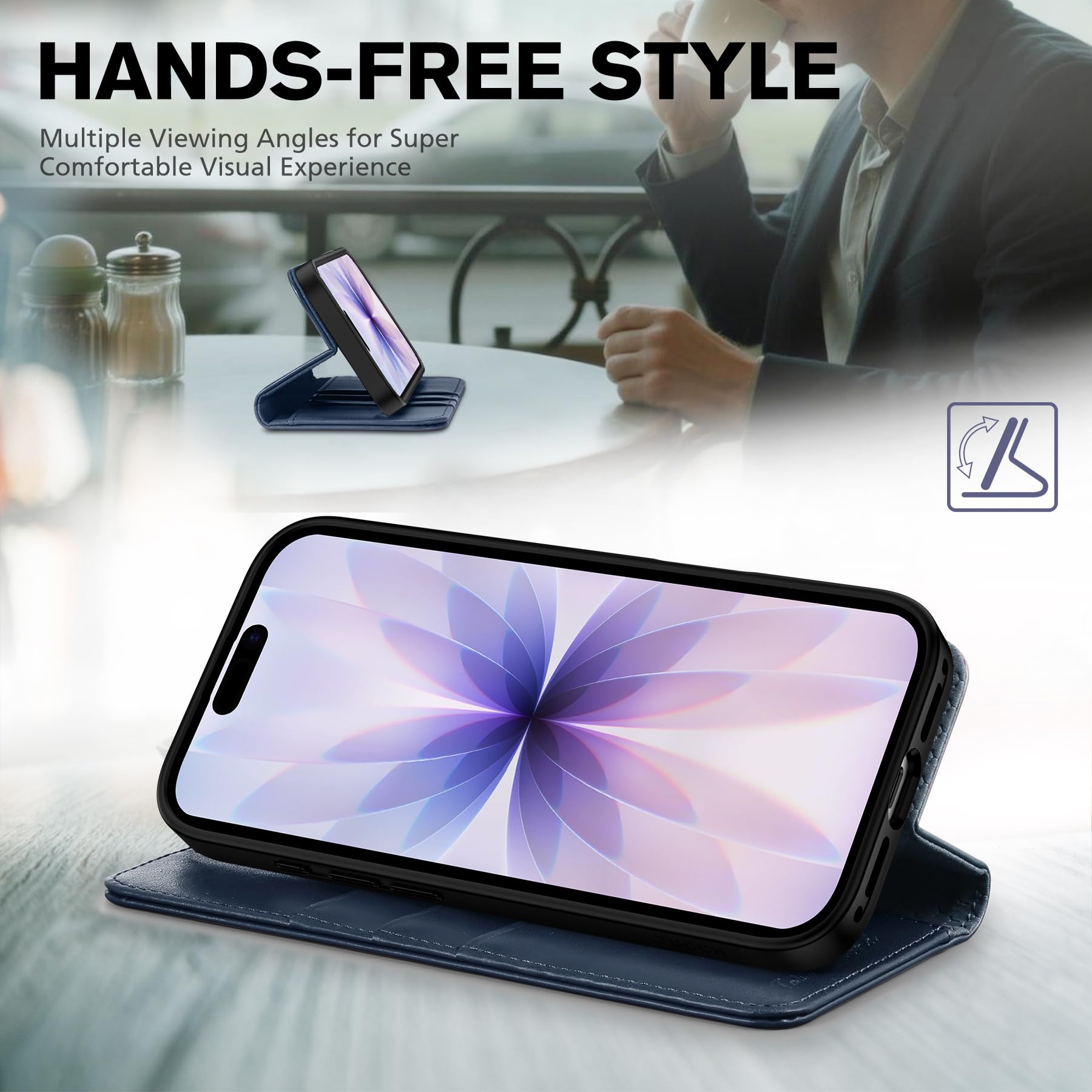 TUCCH iPhone 17 Wallet Case Leather RFID Blocking 3 Card Slots Navy Blue - Image 8
