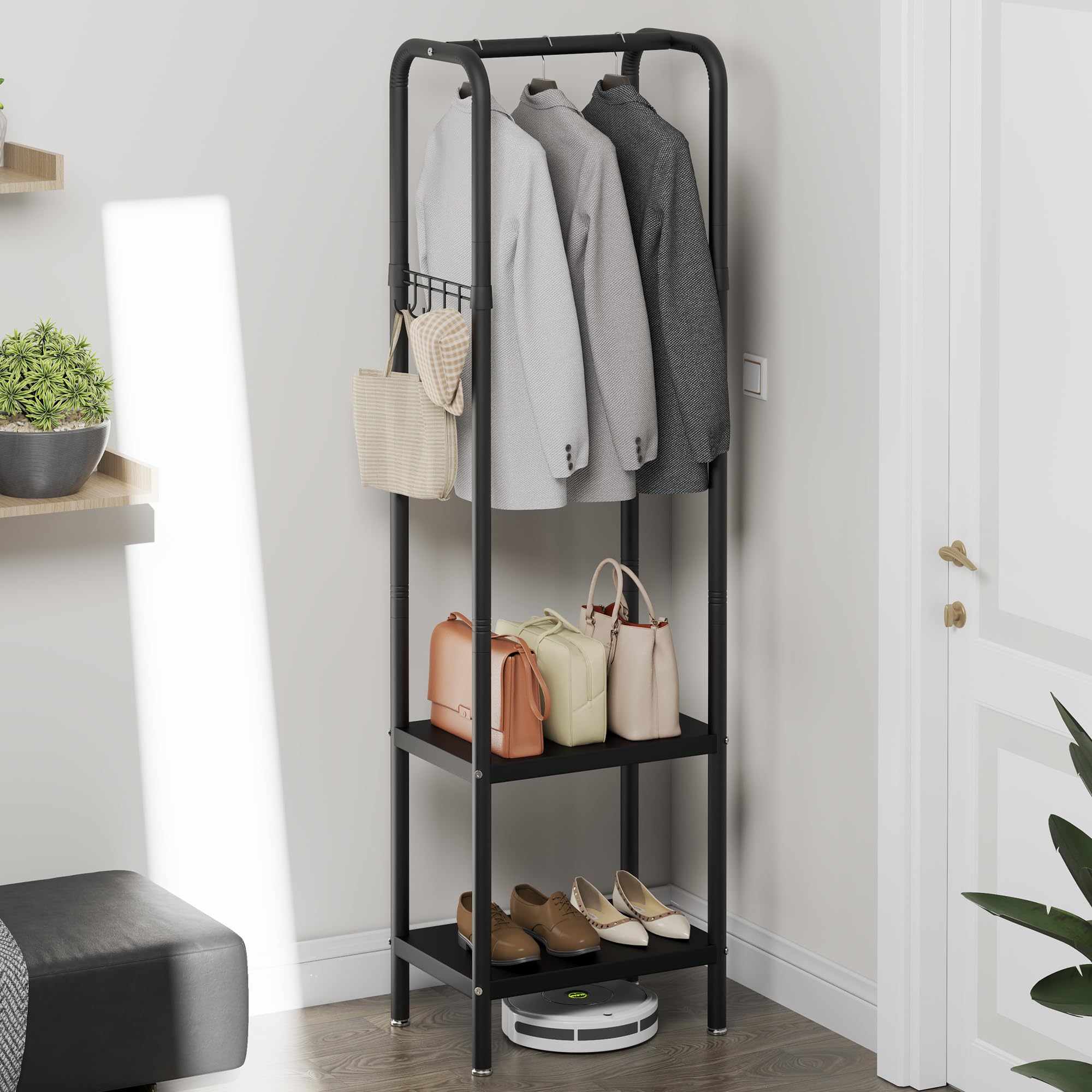 Metal Coat Stand with Shelf & Hooks Freestanding Clothes Rack Hallway – Black