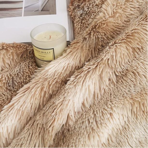 Wajade Sherpa Fleece Throw Blanket Fluffy Faux Fur Khaki White 130x160cm - Image 8