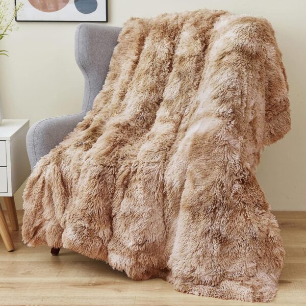 Wajade Sherpa Fleece Throw Blanket Fluffy Faux Fur Khaki White 130x160cm