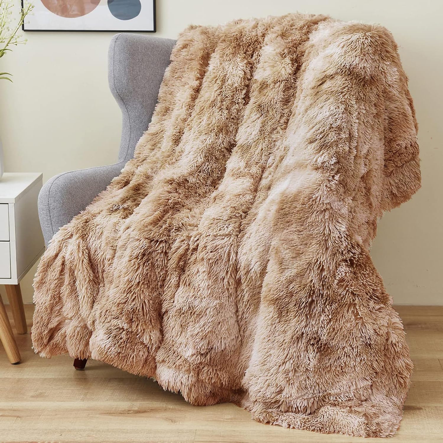 Wajade Sherpa Fleece Throw Blanket Fluffy Faux Fur Khaki White 130x160cm