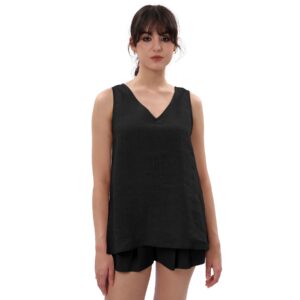 Women's 100% Linen V-Neck Tank Top Loose Fit Sleeveless – Black S