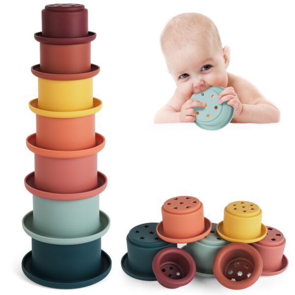 Vicloon Baby Stacking Cups 7 Pcs Silicone Nesting Educational Toy Blue Green