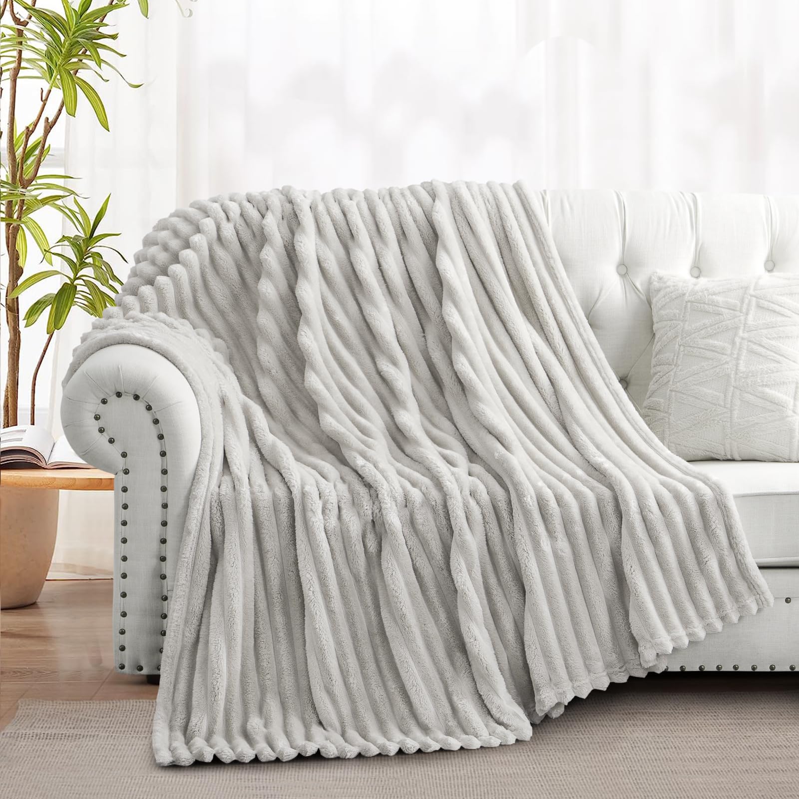 Fleece Throw Blanket Soft Warm Ribbed Sofa Bed 150x200cm Light Beige - Image 2