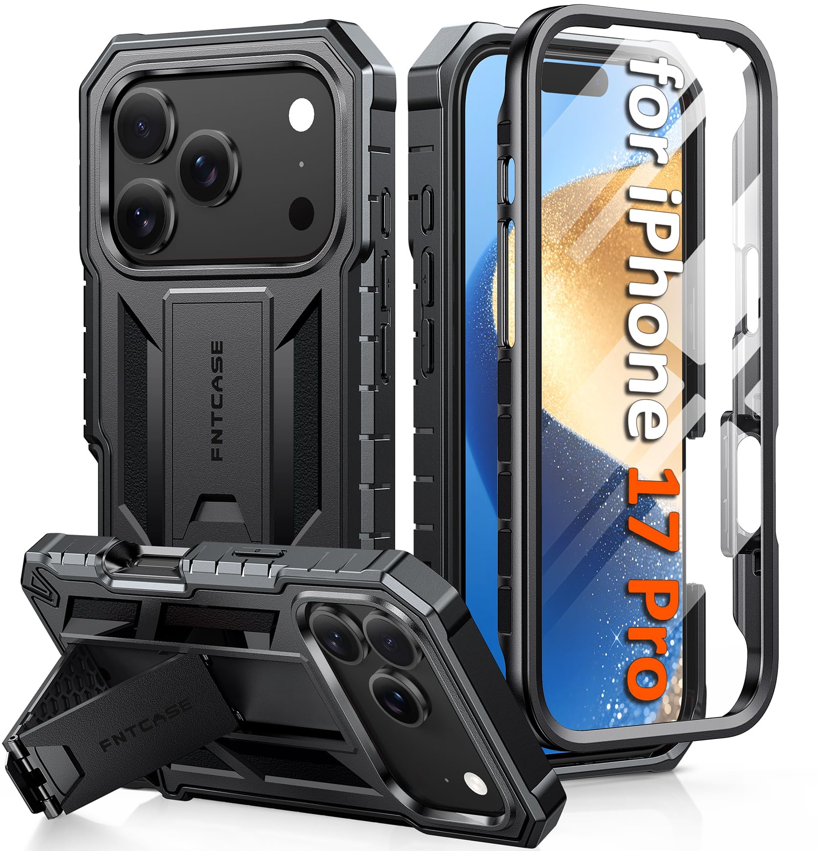 FNTCASE iPhone 17 Pro Case Military Grade Shockproof Kickstand Cover Black - Image 5