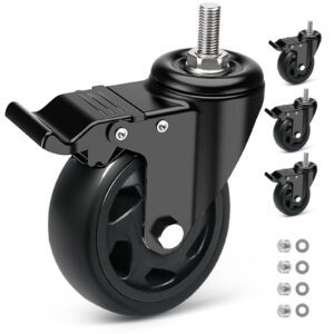 RRIUTO Heavy Duty 125MM Caster Wheels with Brake, Threaded Stem Casters Furniture Casters with M10x30mm Screw Stem, Double Bearing Swivel Castors Wheels , 4 PU Trolley Castor Load Capacity 650kg