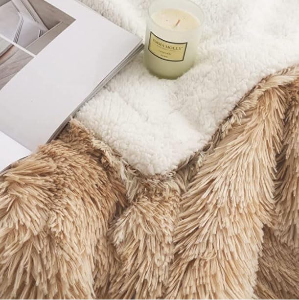 Wajade Sherpa Fleece Throw Blanket Fluffy Faux Fur Khaki White 130x160cm - Image 9