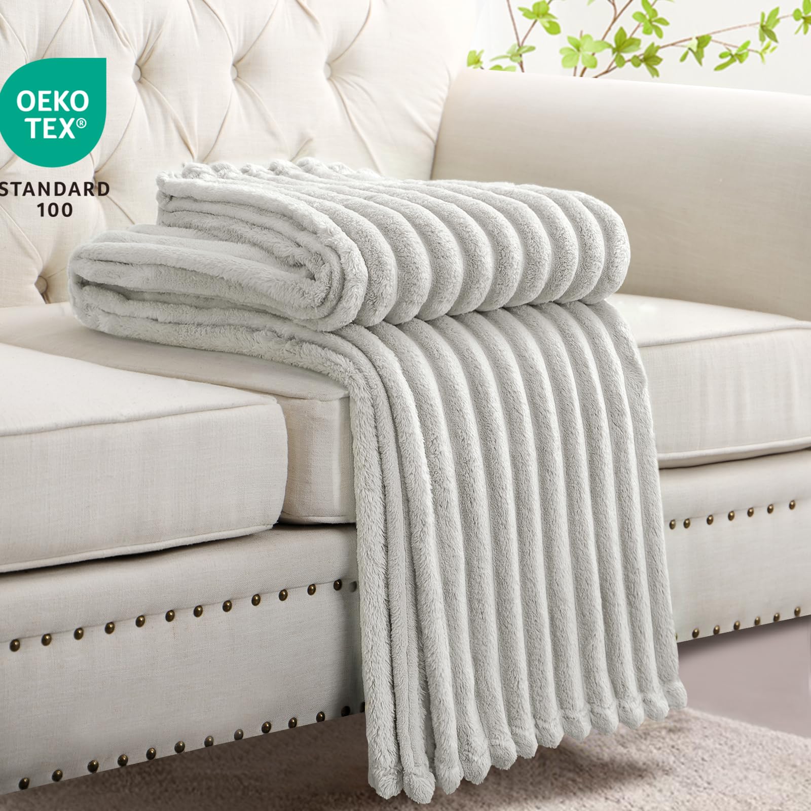 Fleece Throw Blanket Soft Warm Ribbed Sofa Bed 150x200cm Light Beige - Image 3