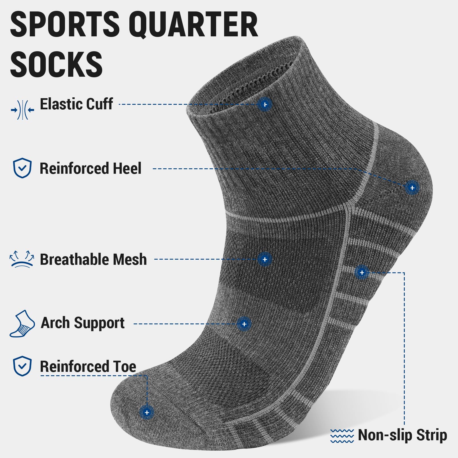 6 Pairs Quarter Ankle Trainer Socks Cushioned Anti-Blister Cotton - Image 2