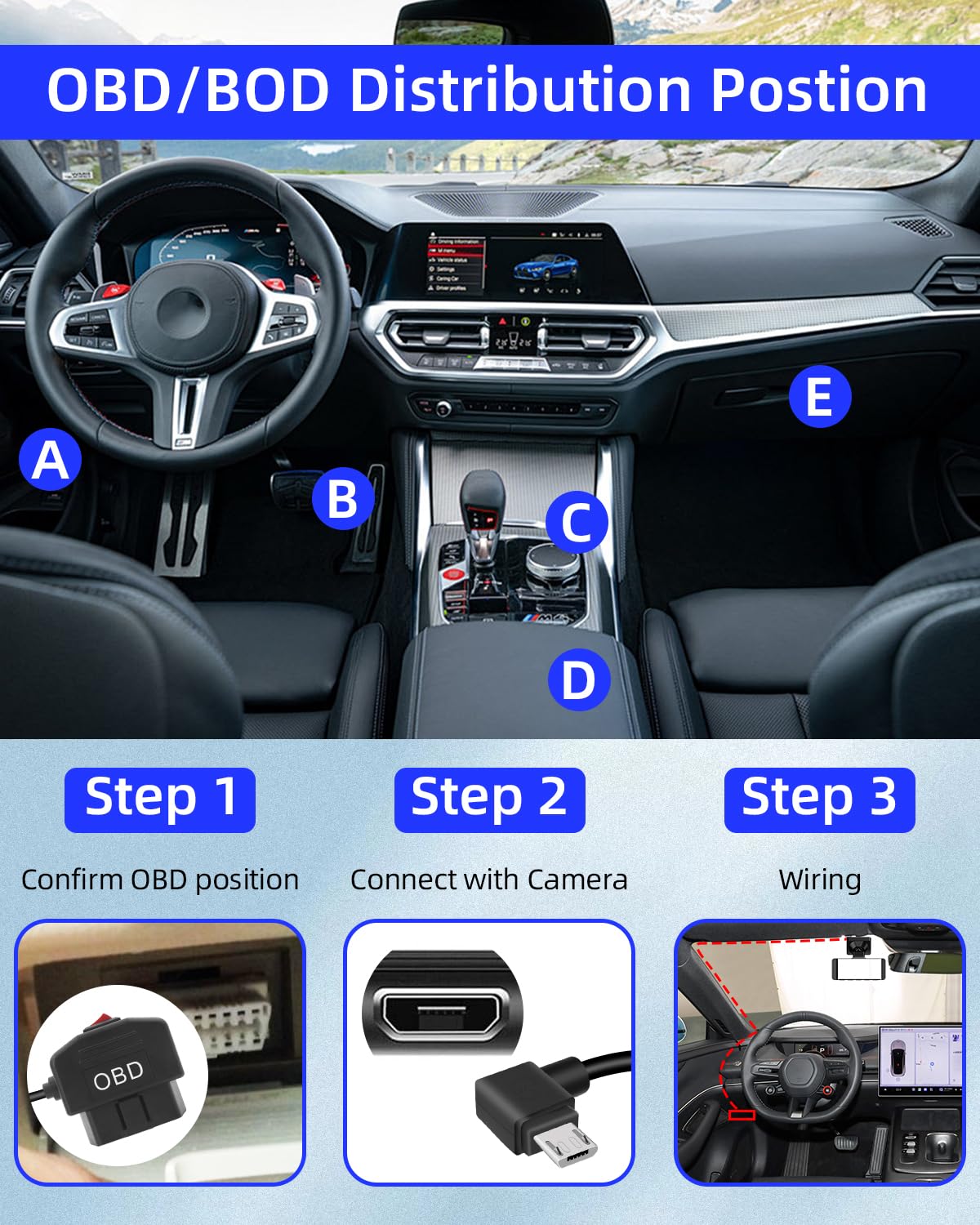 OBD-II Hardwire Power Cable USB Micro Adapter Switch 12-24V to 5V 3.5m 90° - Image 5