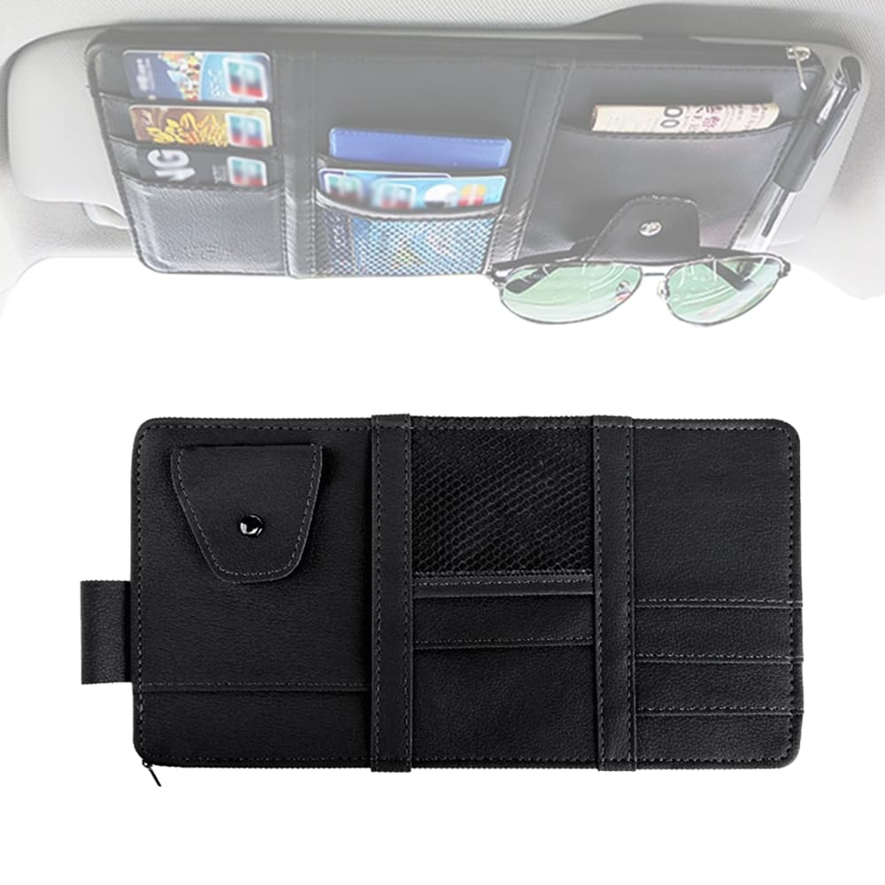 Car Sun Visor Organiser PU Leather Multi-Pocket Storage Pouch Universal