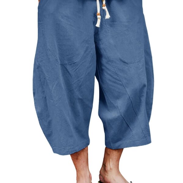 Men's 3/4 Cotton Linen Shorts Elastic Waist Casual Capri Beach Blue Grey 38