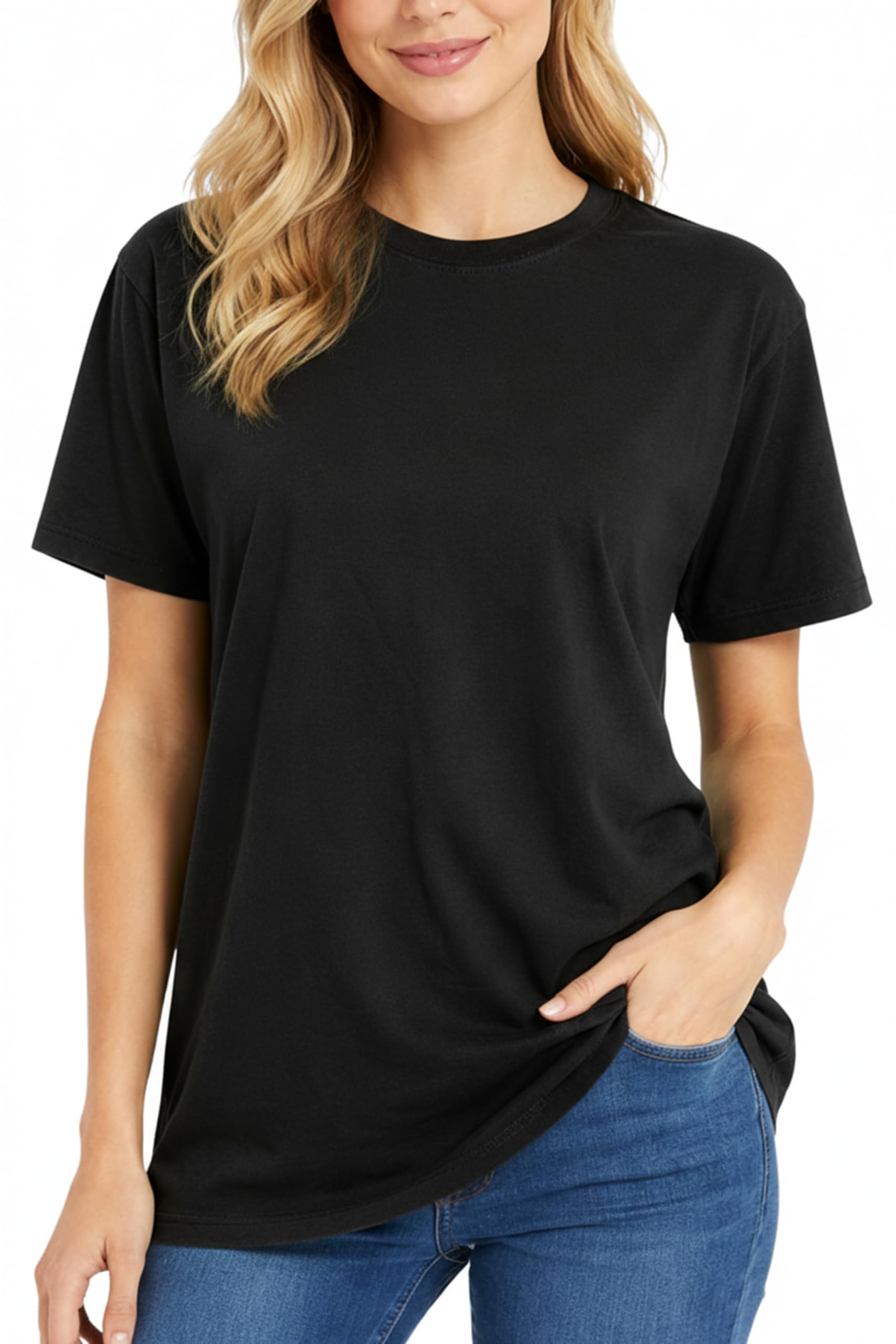 Women's Cotton T-Shirt Short Sleeve Round Neck Loose Fit Black M
