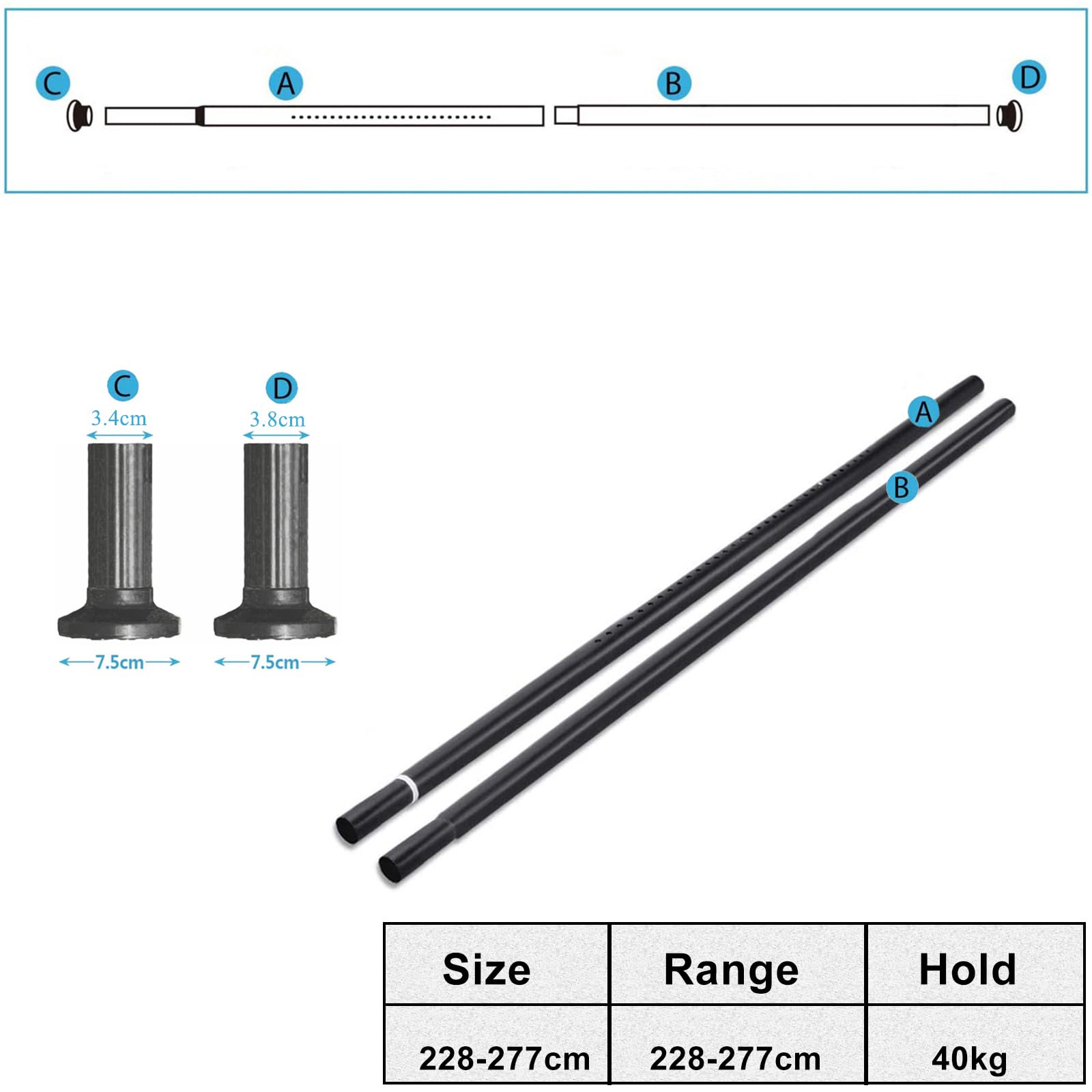 Tension Curtain Rod 228cm-277cm Extendable Stainless Steel Shower Pole - Image 9