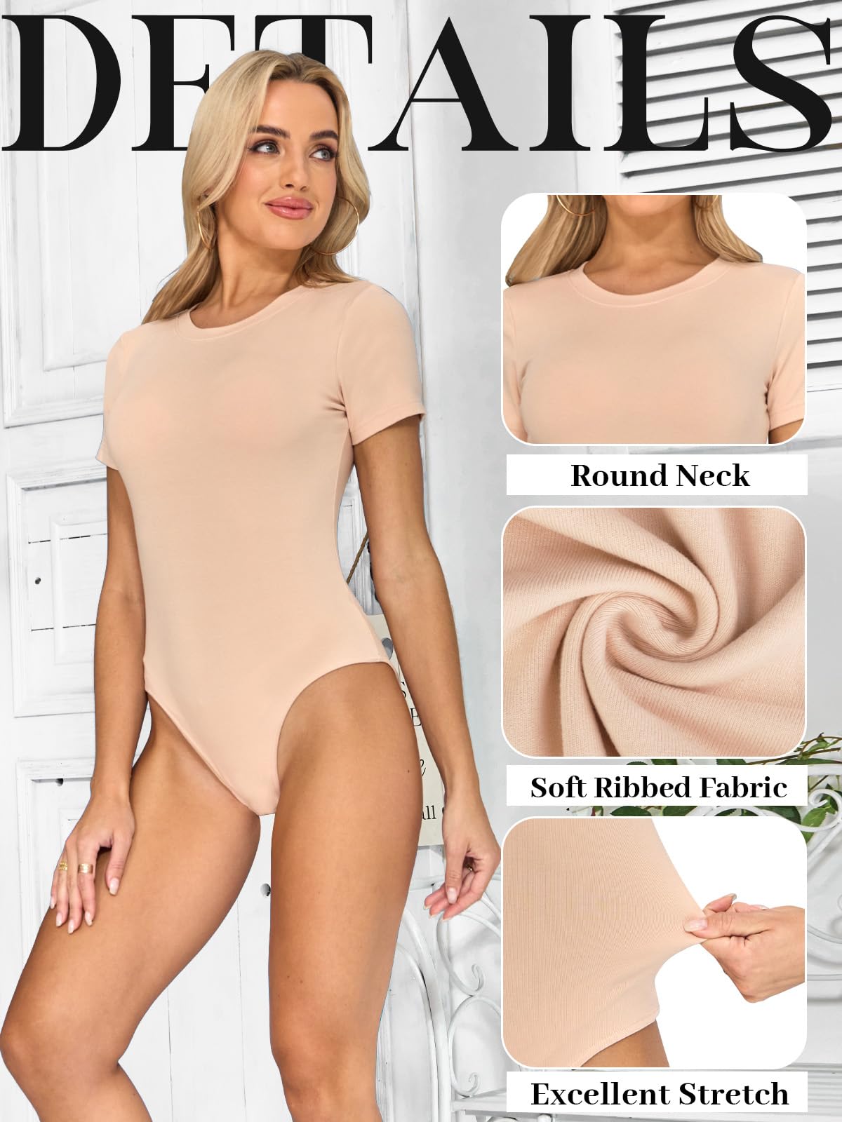 Women's Bodysuit Short Sleeve Crew Neck Leotard Top Nude Size S - Kefiyis - Image 4
