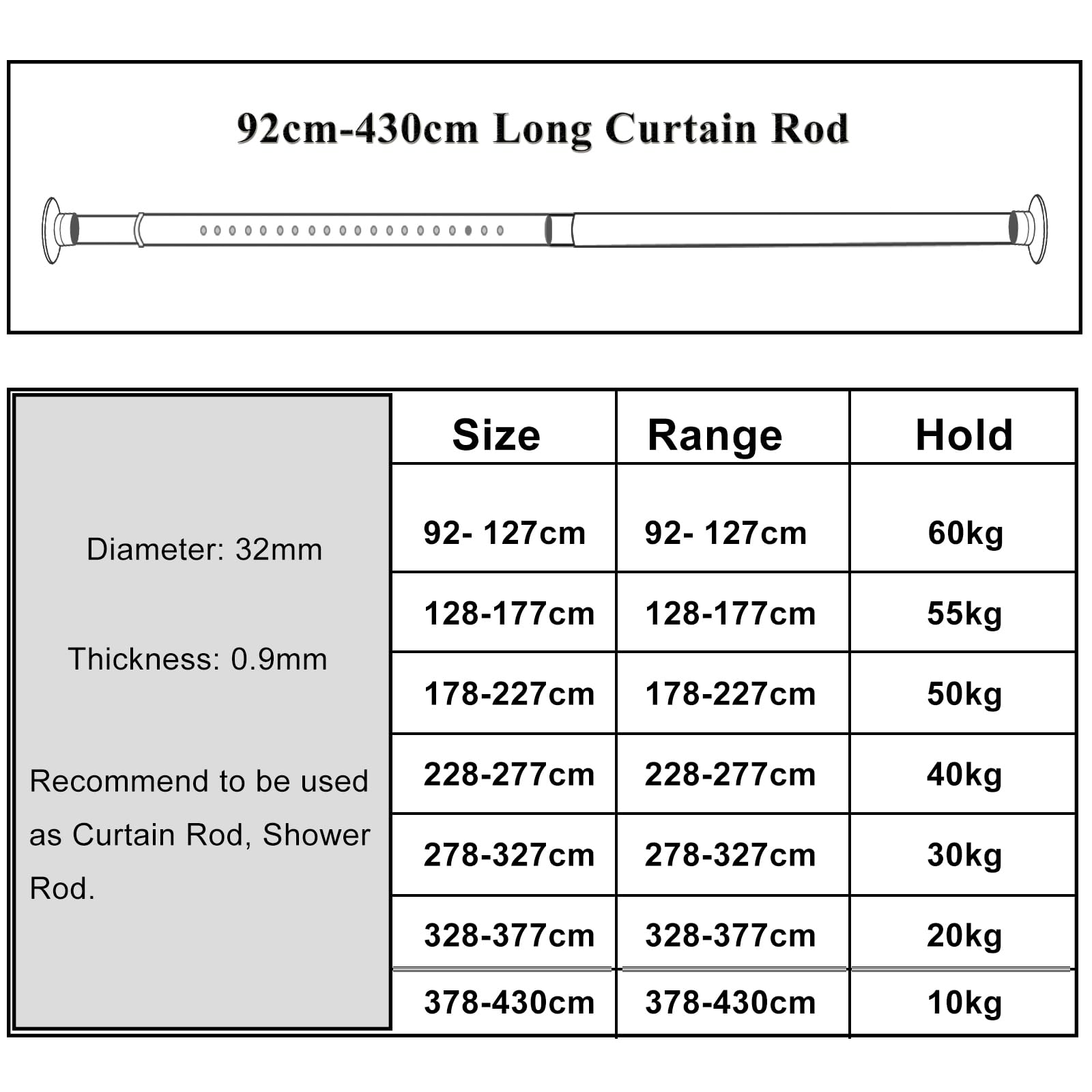 Tension Curtain Rod 228cm-277cm Extendable Stainless Steel Shower Pole - Image 7
