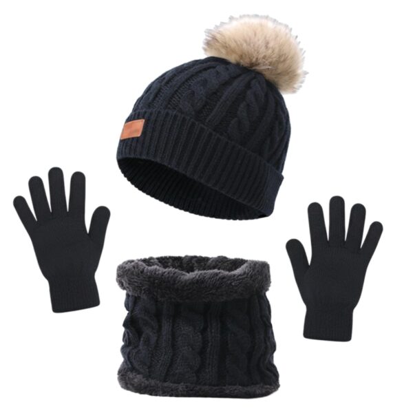 Kids 3pc Winter Set Hat Scarf Gloves Knitted Pompom Black 2-4 Yrs