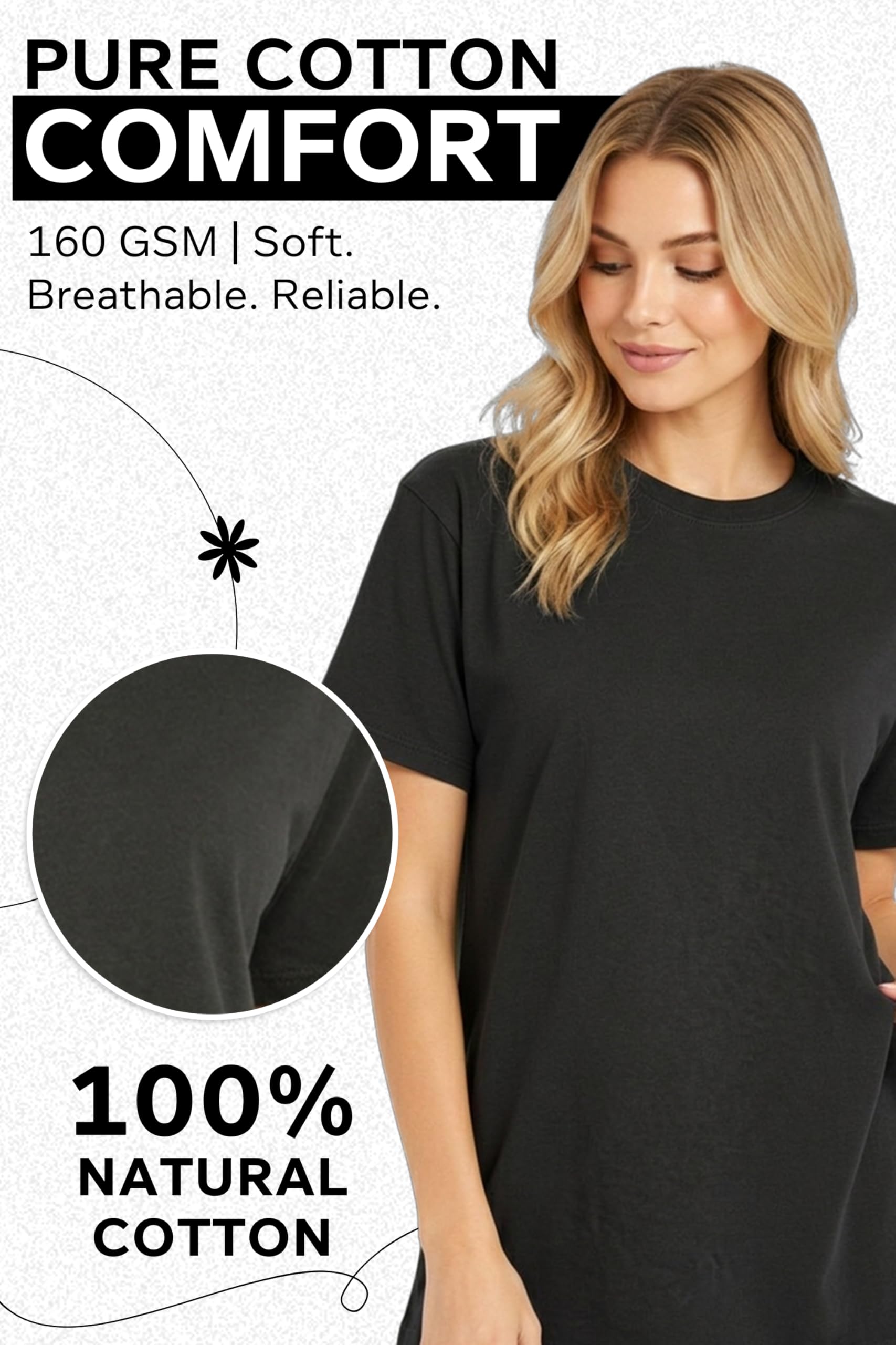 Women's Cotton T-Shirt Short Sleeve Round Neck Loose Fit Black M - Image 5